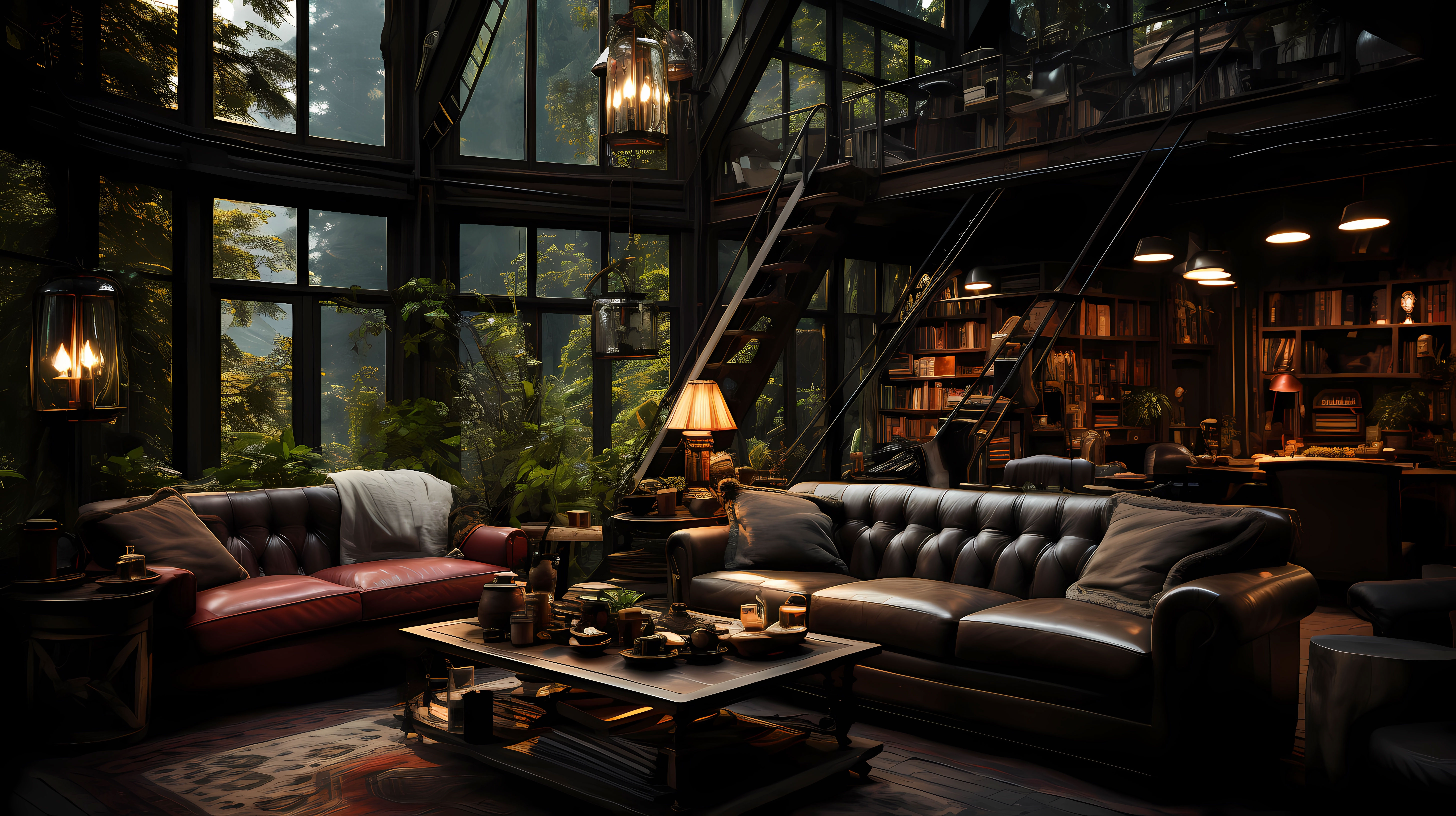 Mountains and forests with two cabins